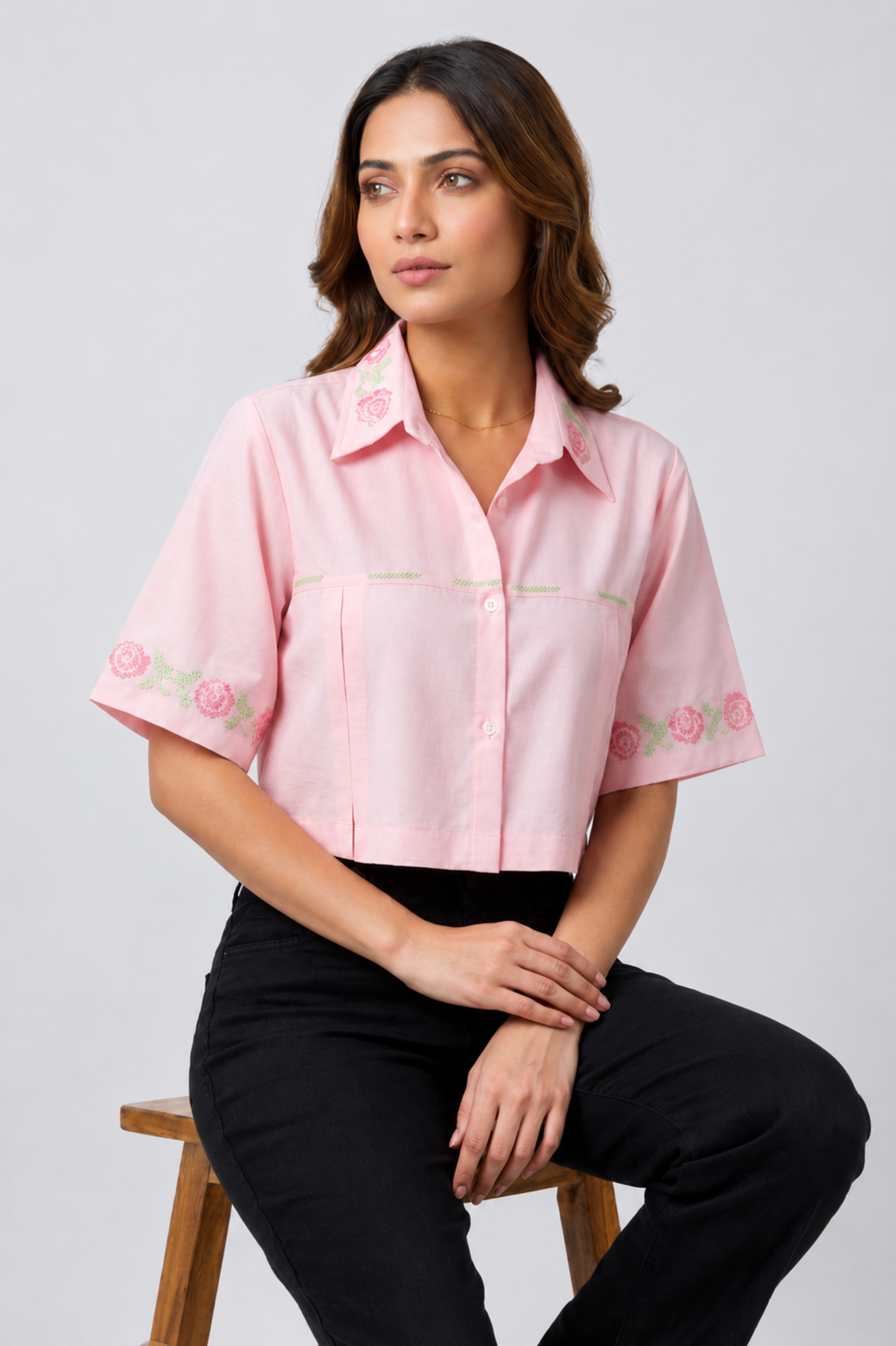 Rose Whisper Embroidery  Crop Shirt