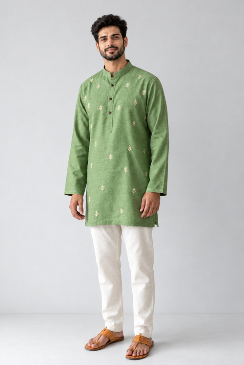 Aakaar Geometric Embroidered  Kurta – Sage Green