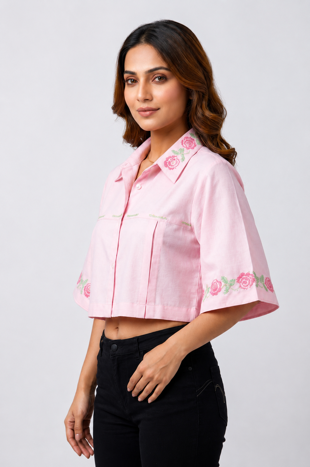 Rose Whisper Embroidery  Crop Shirt