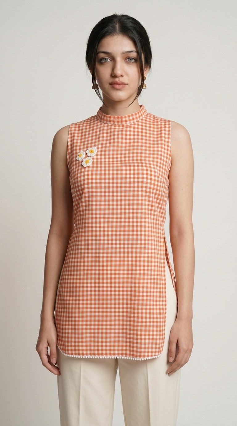 Bloom Check Orange Short Kurti