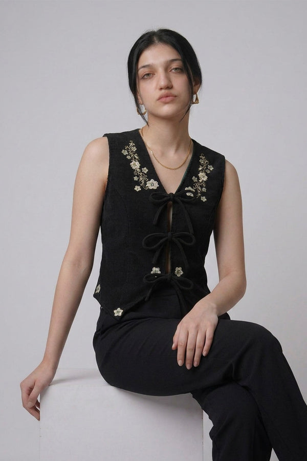 Floral Embroidery Corduroy Vest