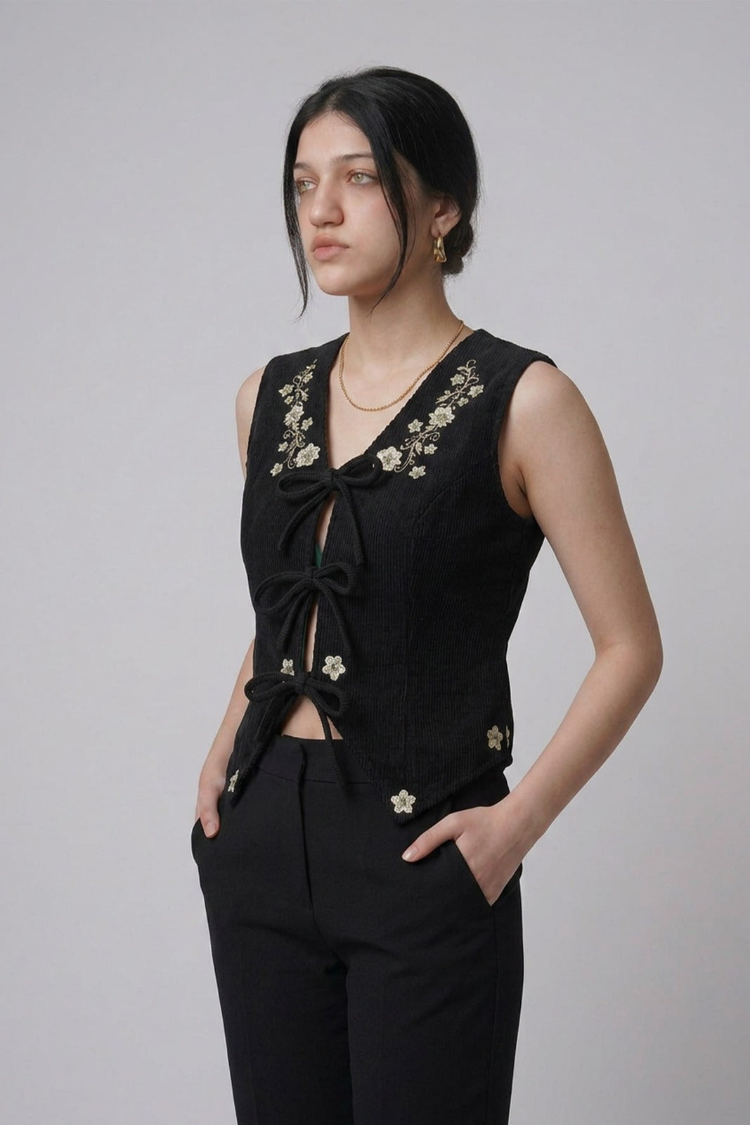 Floral Embroidery Corduroy Vest