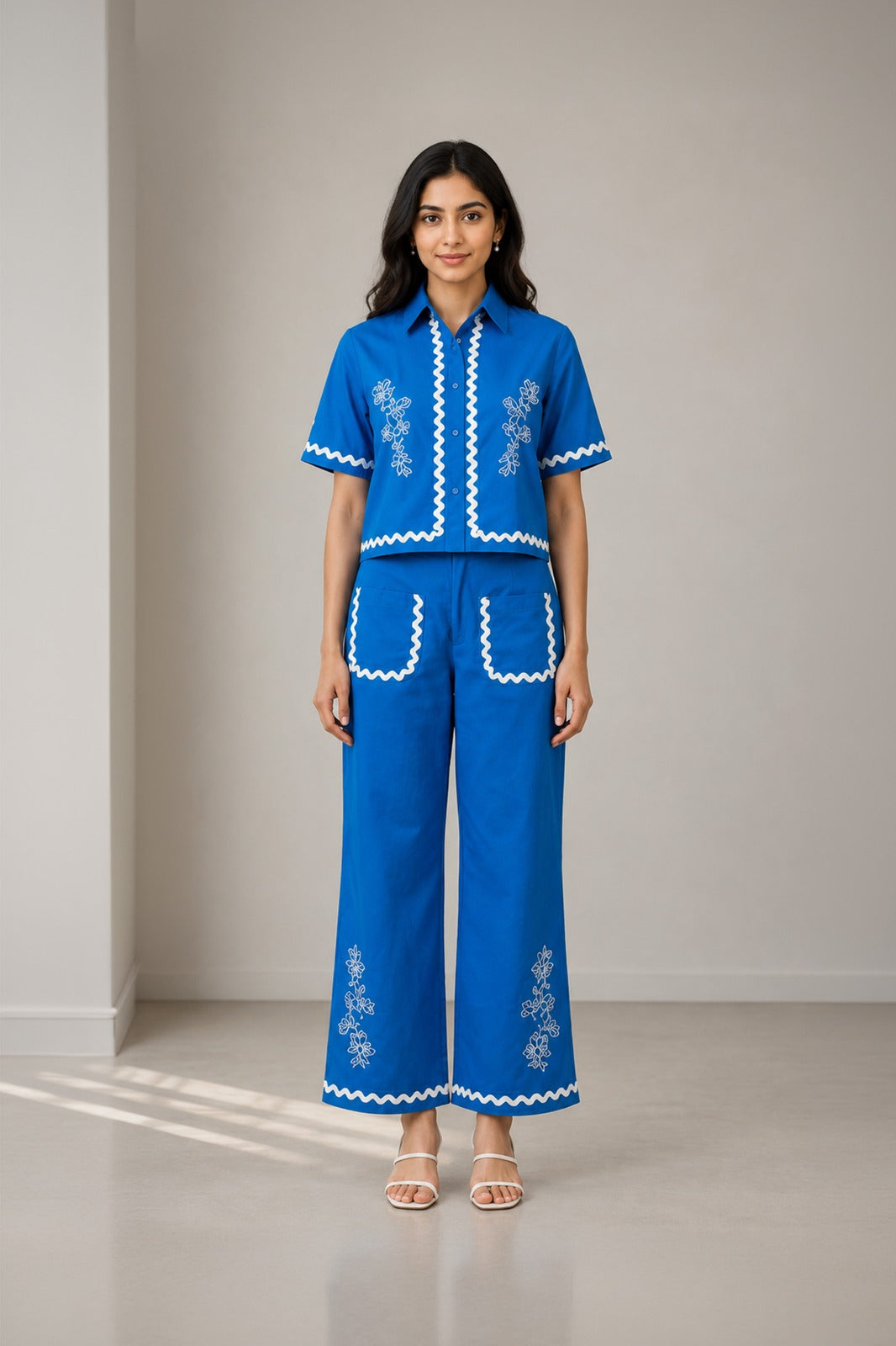 Ripple Line Floral Embroidery Co-ord Set