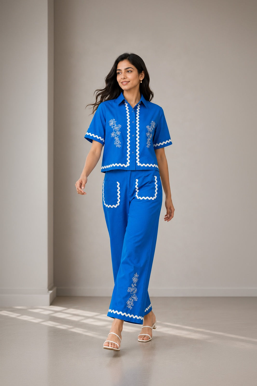 Ripple Line Floral Embroidery Co-ord Set