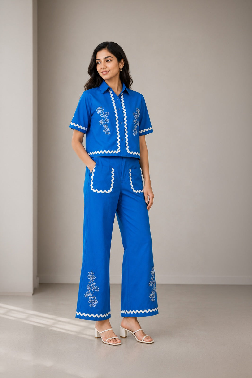 Ripple Line Floral Embroidery Co-ord Set