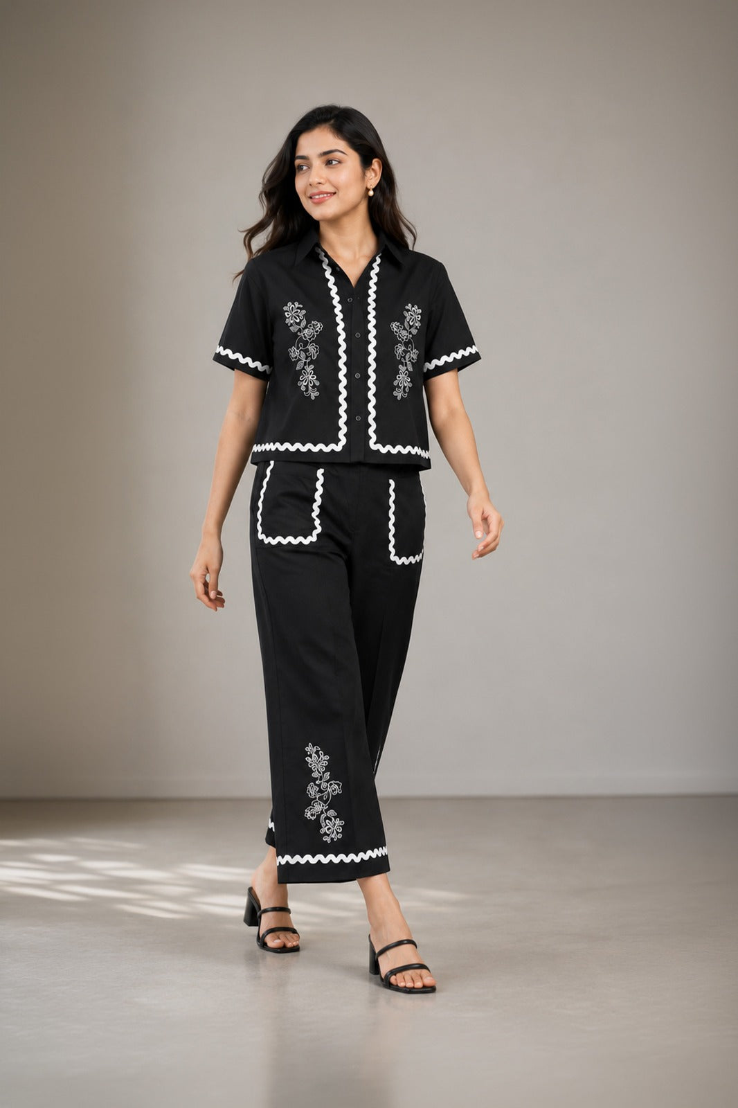 Ripple Line Floral Embroidery Co-ord Set