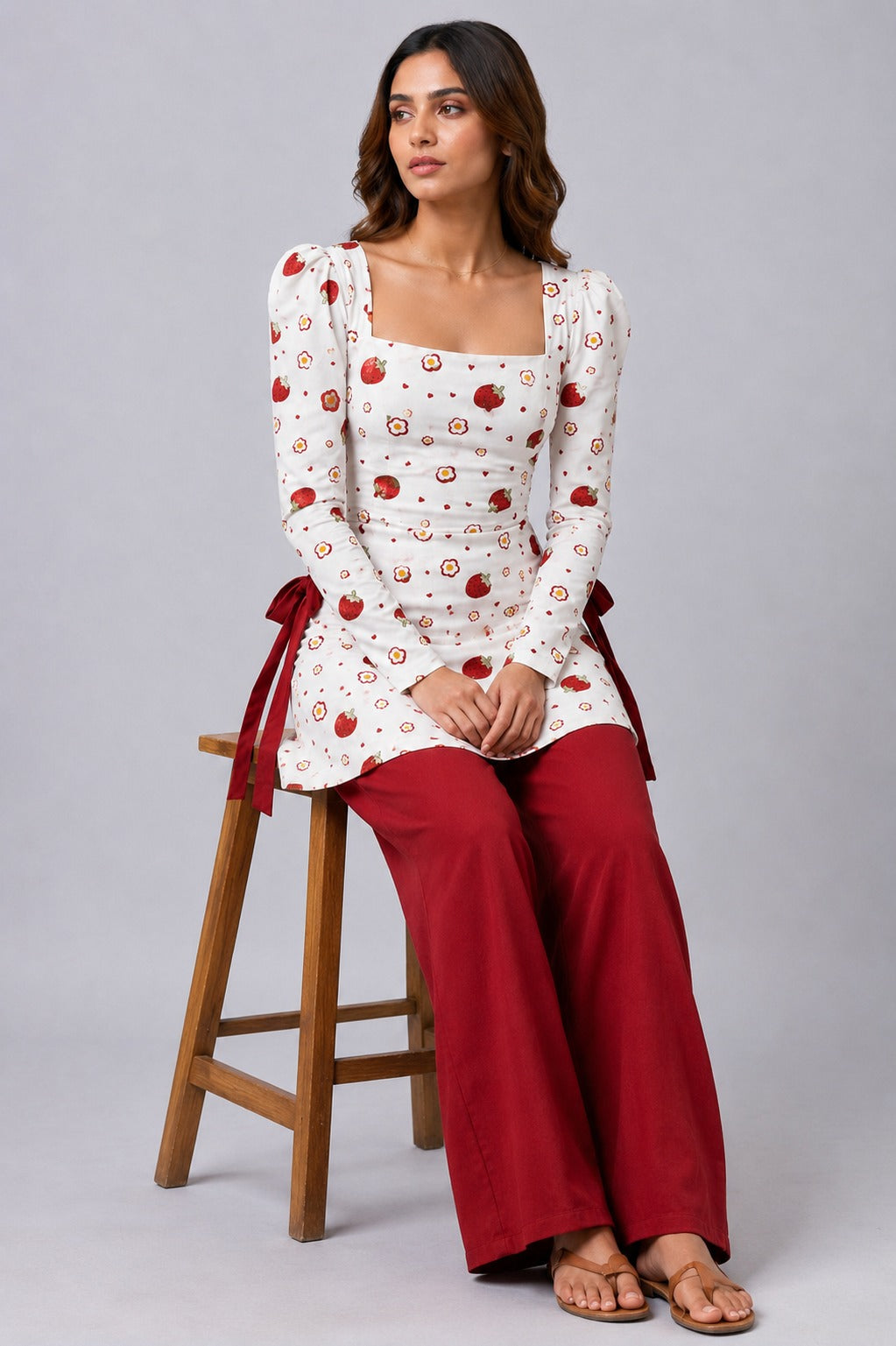 Strawberry Bloom Bow-Tie Cotton Kurti