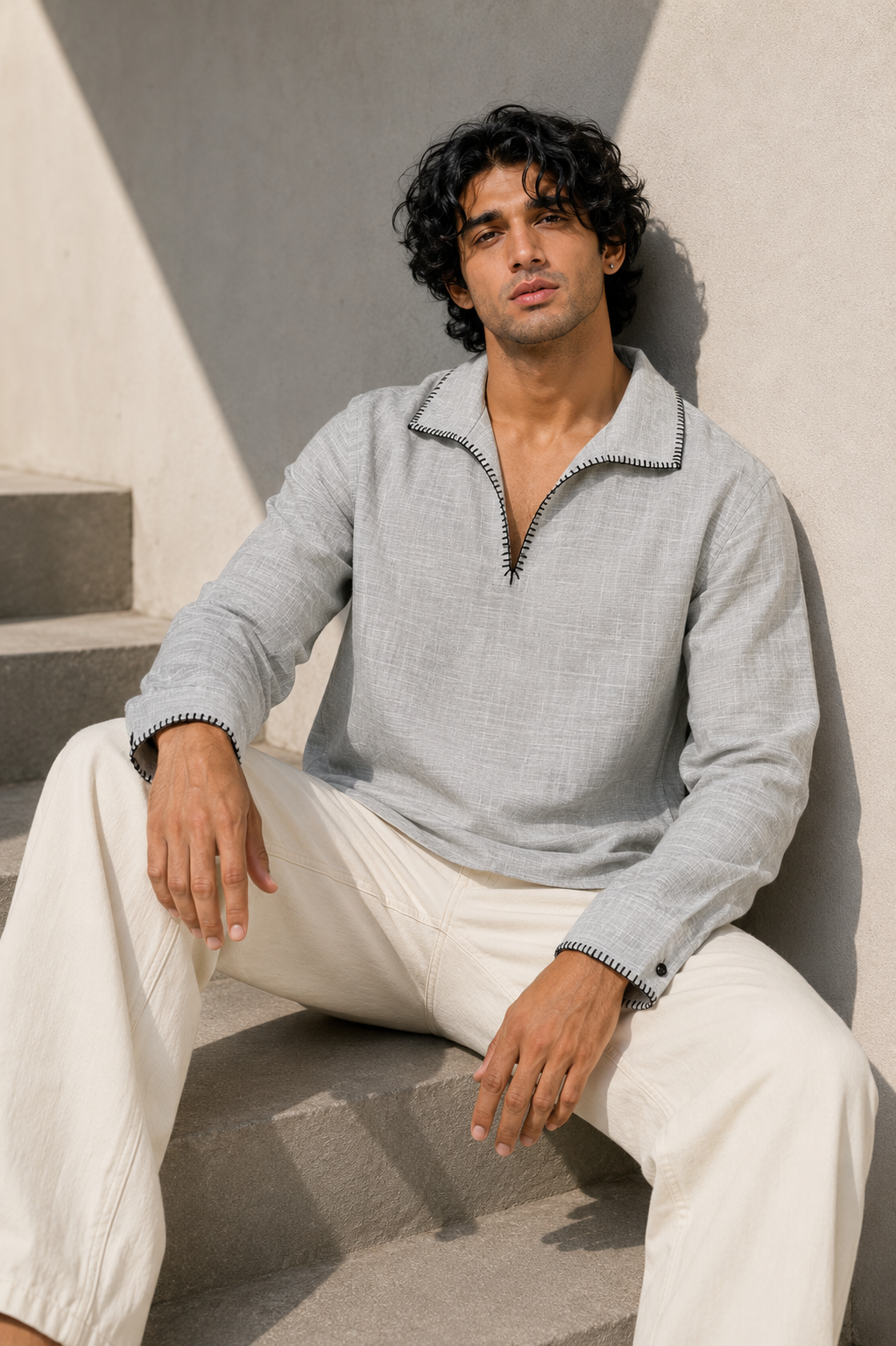 Greyline Linen Hand-Stitch Short Kurta