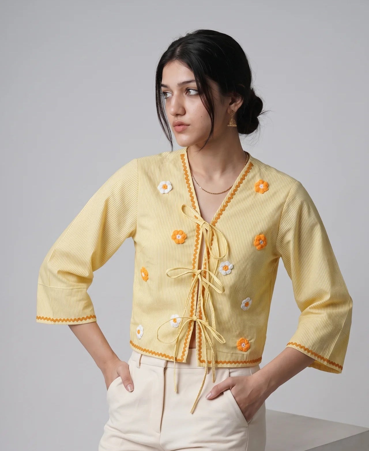 Yellow tie-up lace top