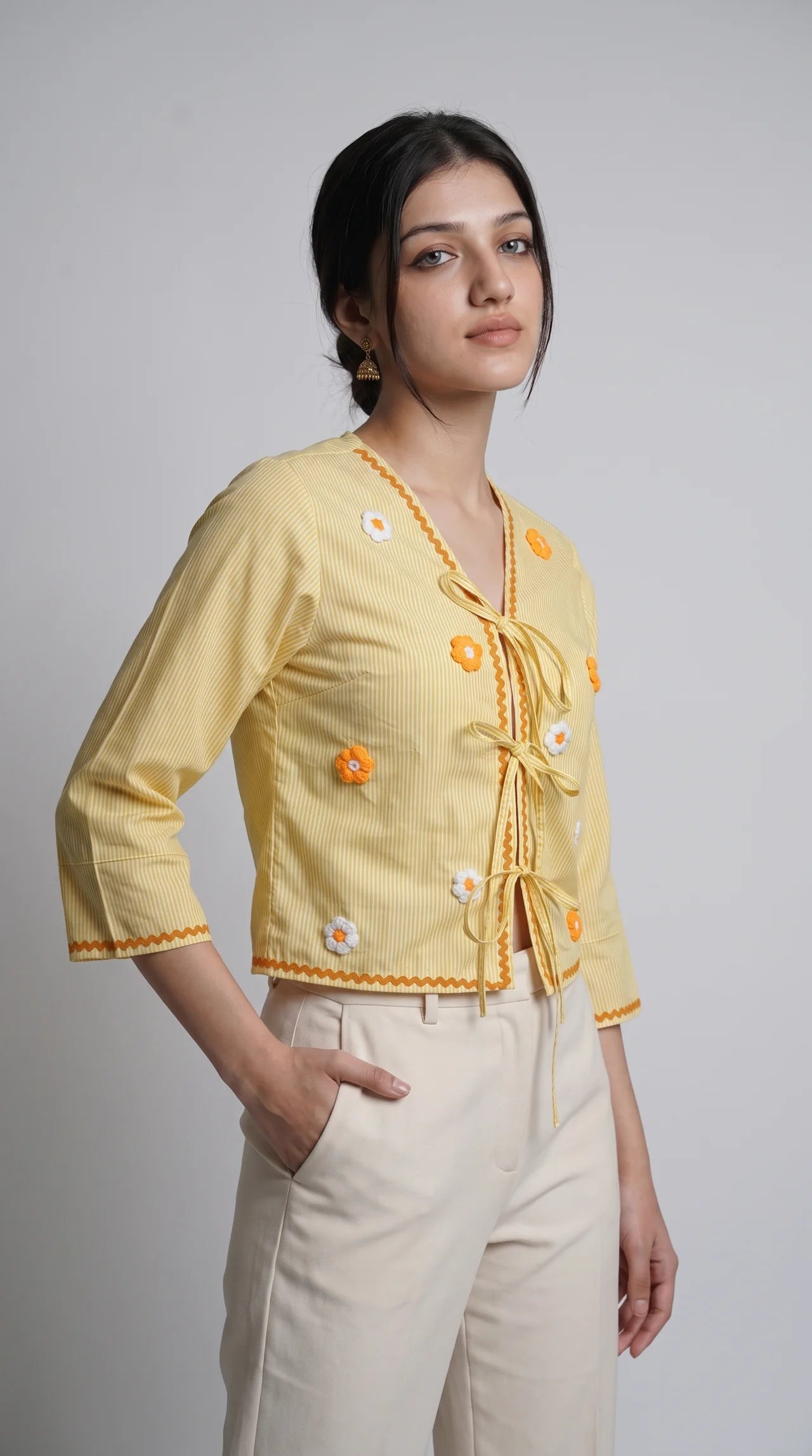 Yellow tie-up lace top