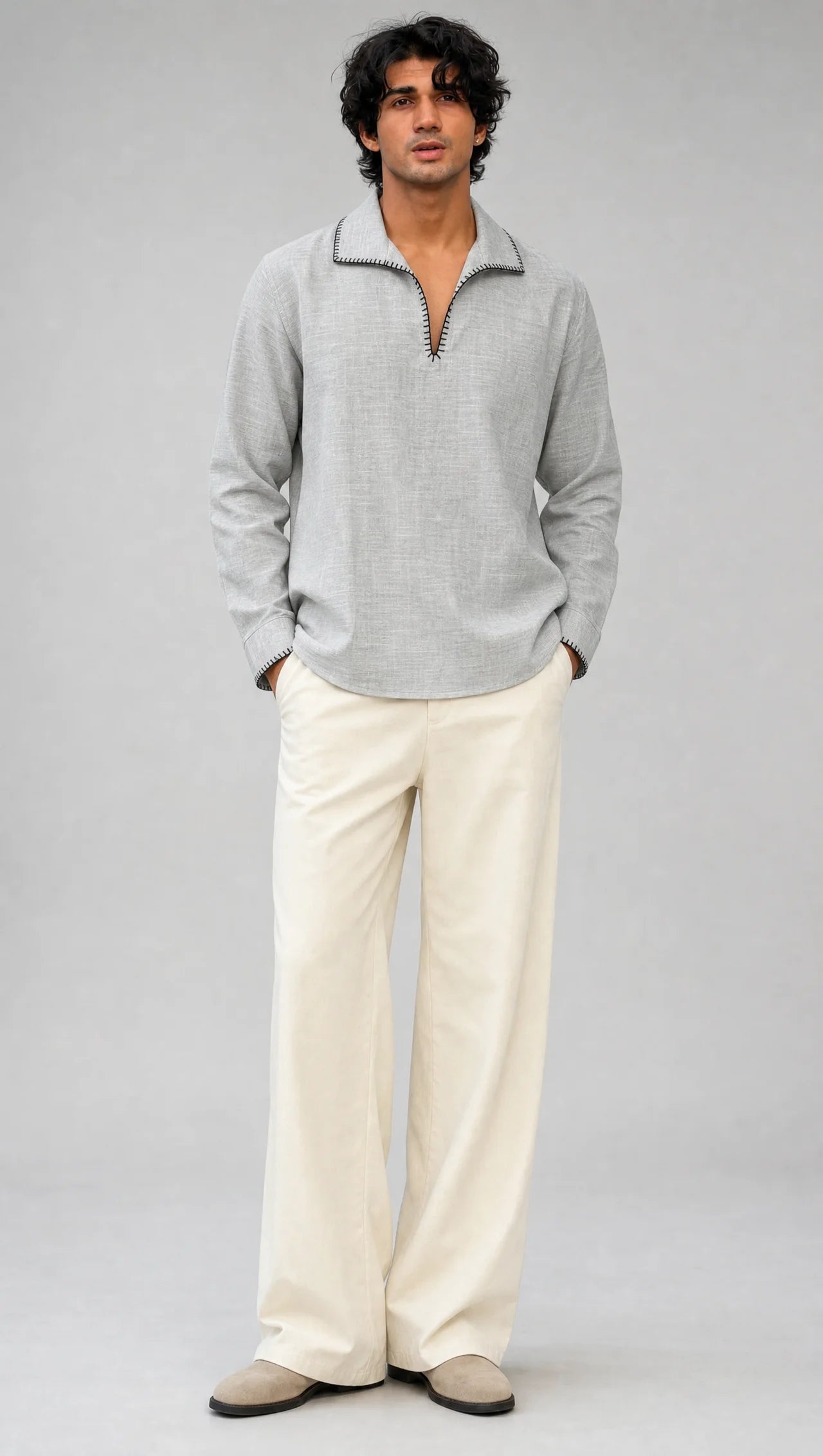 Greyline Linen Hand-Stitch Short Kurta